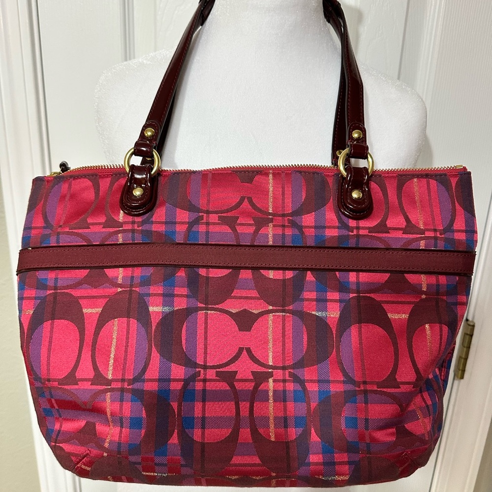 Coach Poppy Plaid Signature Glam Tote Satchel Pink Red Patent Trim EUC - Picture 5 of 11